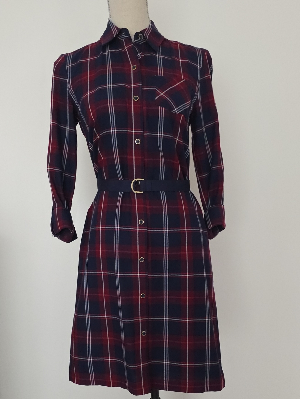 Tommy Hilfiger Red and Navy Plaid Long Sleeve Shirt Dress with Belt Size XS